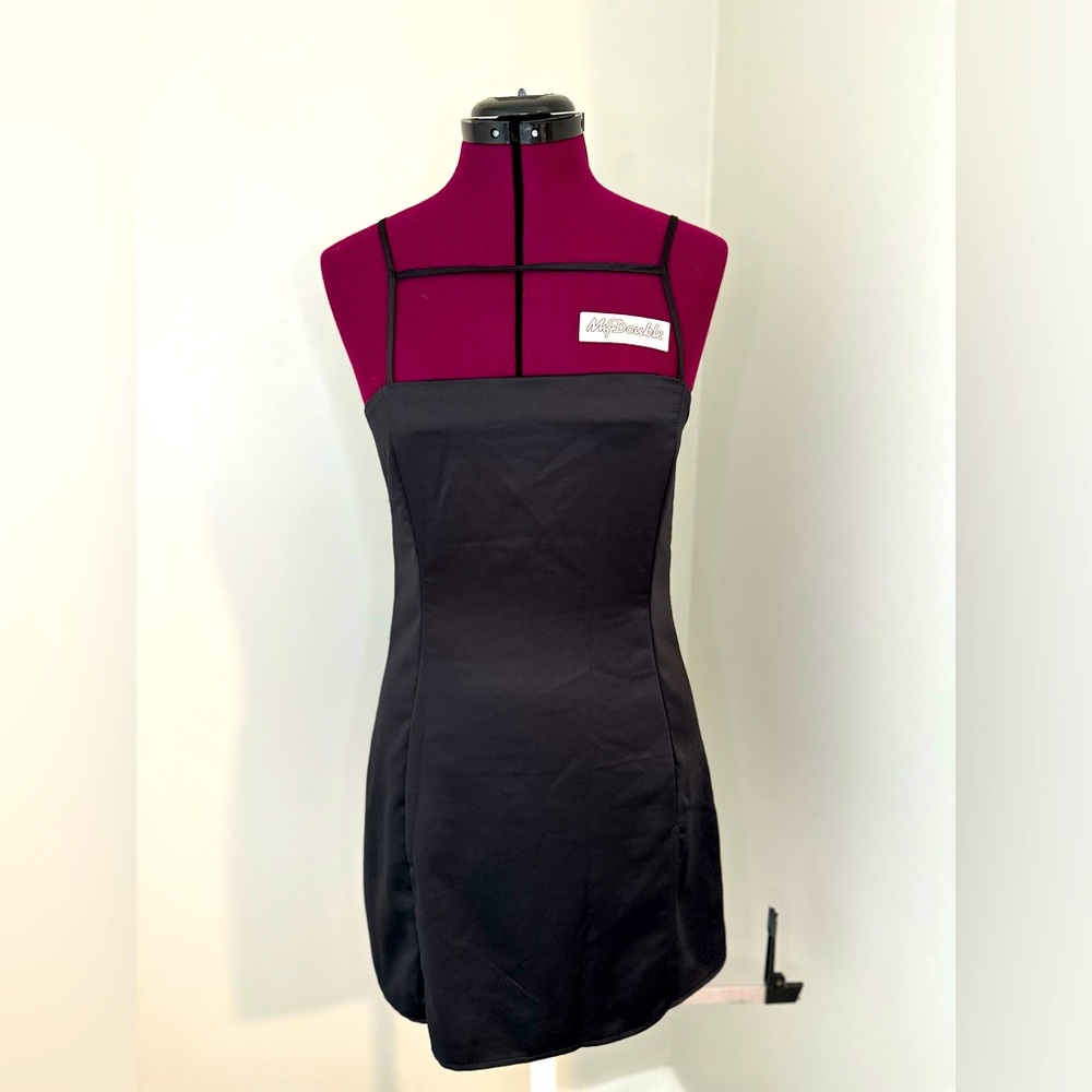 Satin bar tab cami dress in black